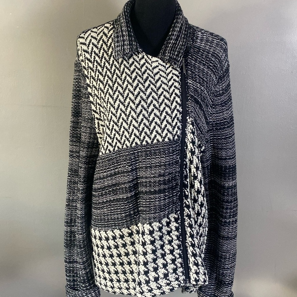 Chaps Black White Sweater Jacket Houndstooth Chevron Striped Mixed Pattern NWOT